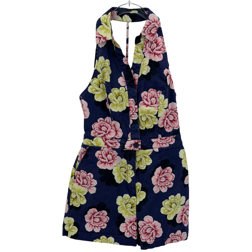 Maeve Anthropologie Romper Womens 2 Navy Floral Retro Collared Stretch Summer